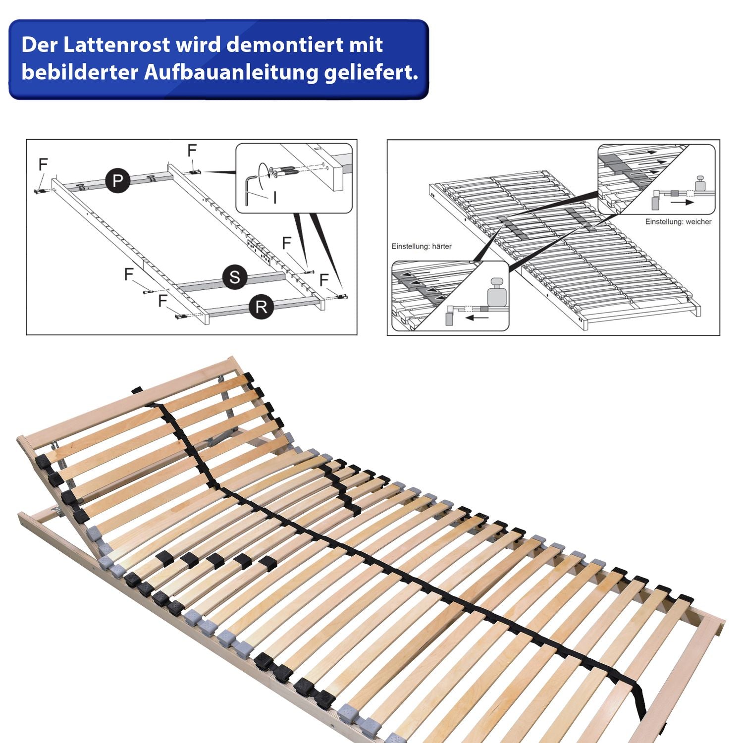 Coemo Lattenrost ERGO K 120x220 cm Überlänge 7-Zonen 32 Leisten Kopfteil verstellbar