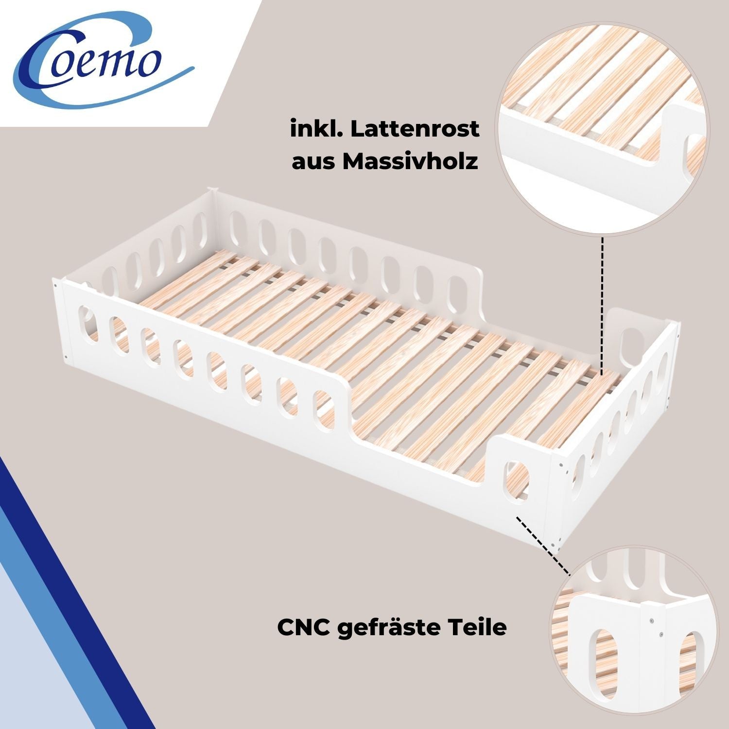 Coemo Kinderbett Pierre mit Lattenrost & Rausfallschutz aus Holz für Jungen und Mädchen