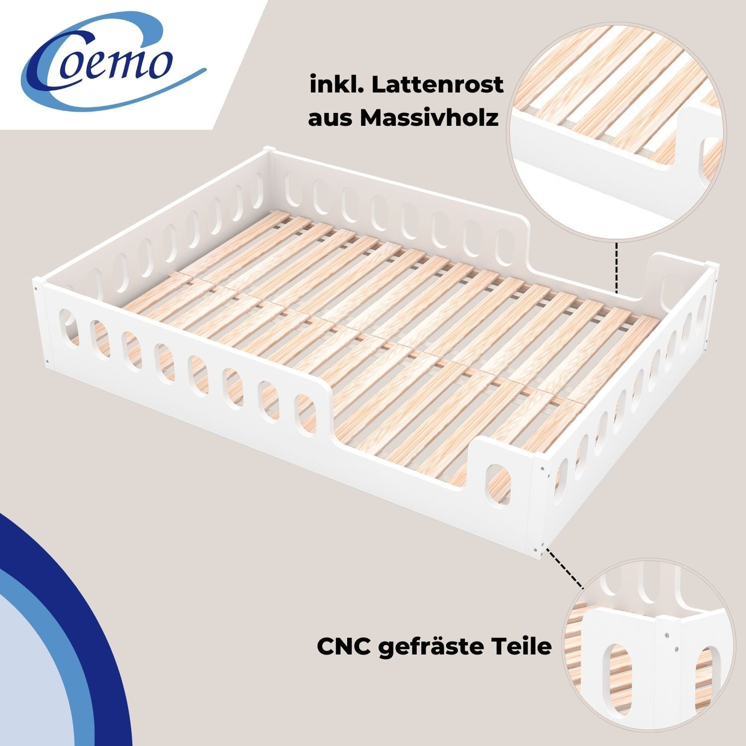 Coemo Kinderbett Pierre mit Lattenrost & Rausfallschutz aus Holz für Jungen und Mädchen