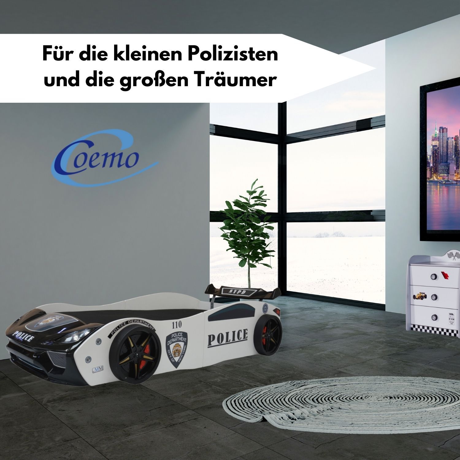 B-Ware Coemo Autobett POLICE Kinderbett 90x200 weiß inkl Spoiler, LED-Licht, Lattenrost